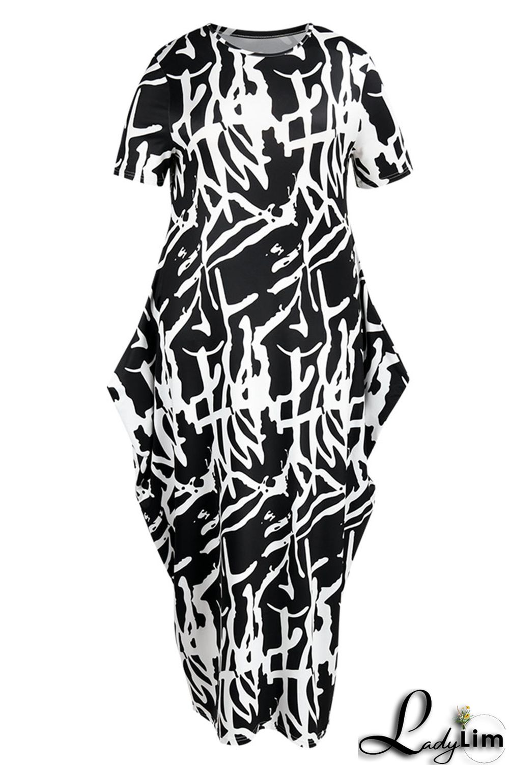 Black Fashion Casual Print Patchwork O Neck Long Dress Plus Size Dresses