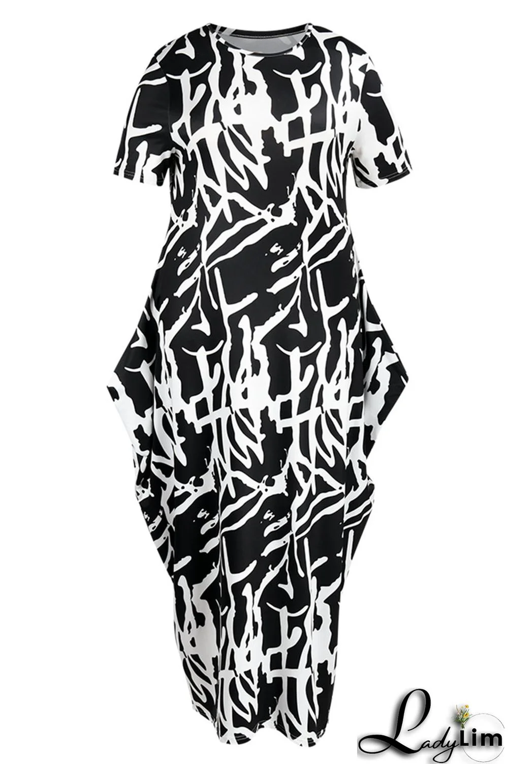 Black Fashion Casual Print Patchwork O Neck Long Dress Plus Size Dresses