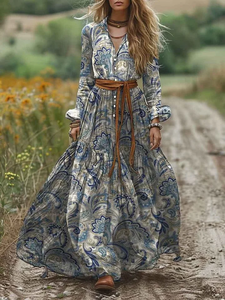 Women's Paisley Print Pocket Cotton Shirt Dress