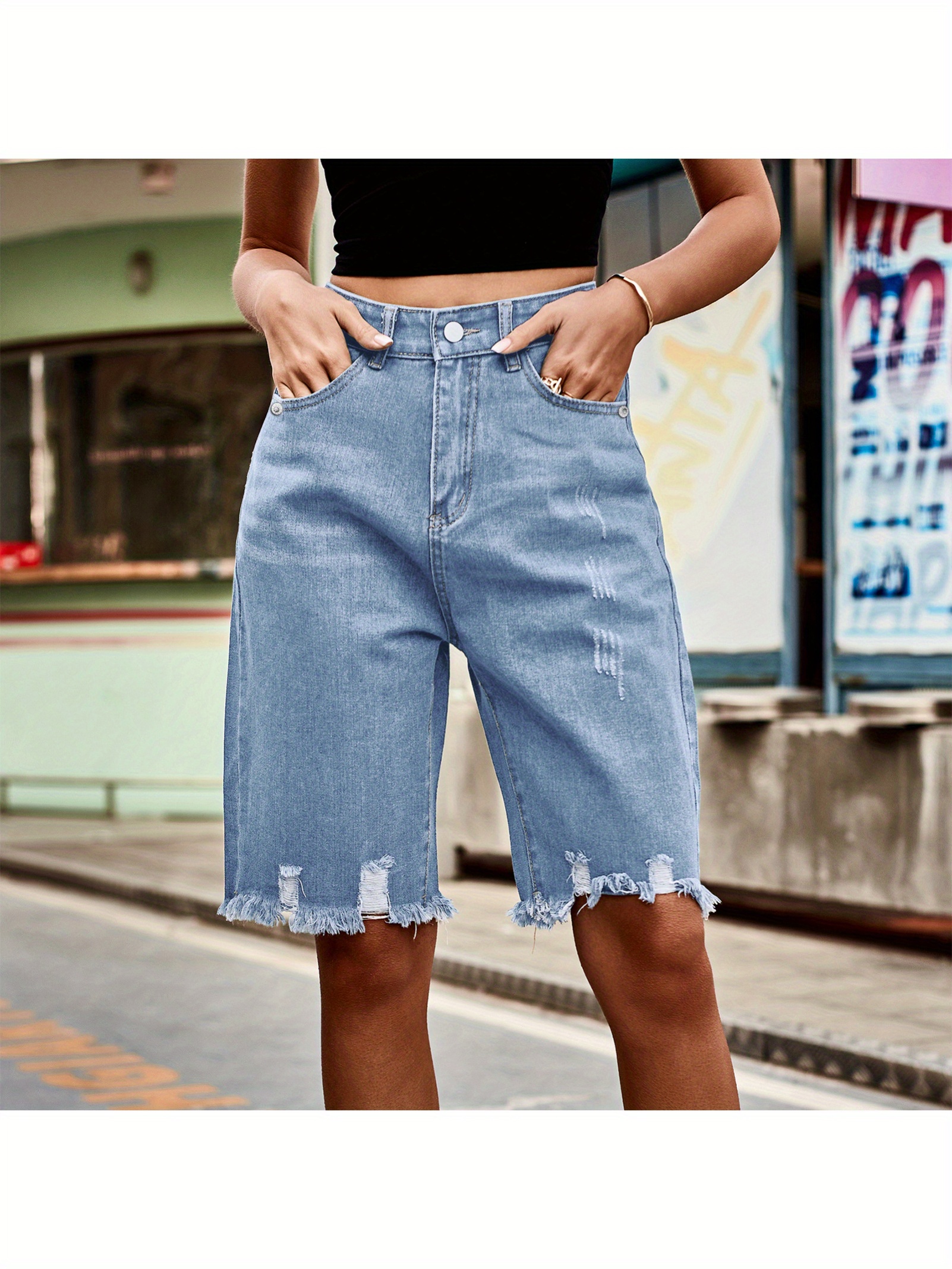 Women's Street Style Distressed Denim Shorts With Frayed Hem & Tassel Detail - Mid-Rise Straight Leg Jean Shorts, Light Blue, Summer Casual Wear, Jean Short | IFYHOME