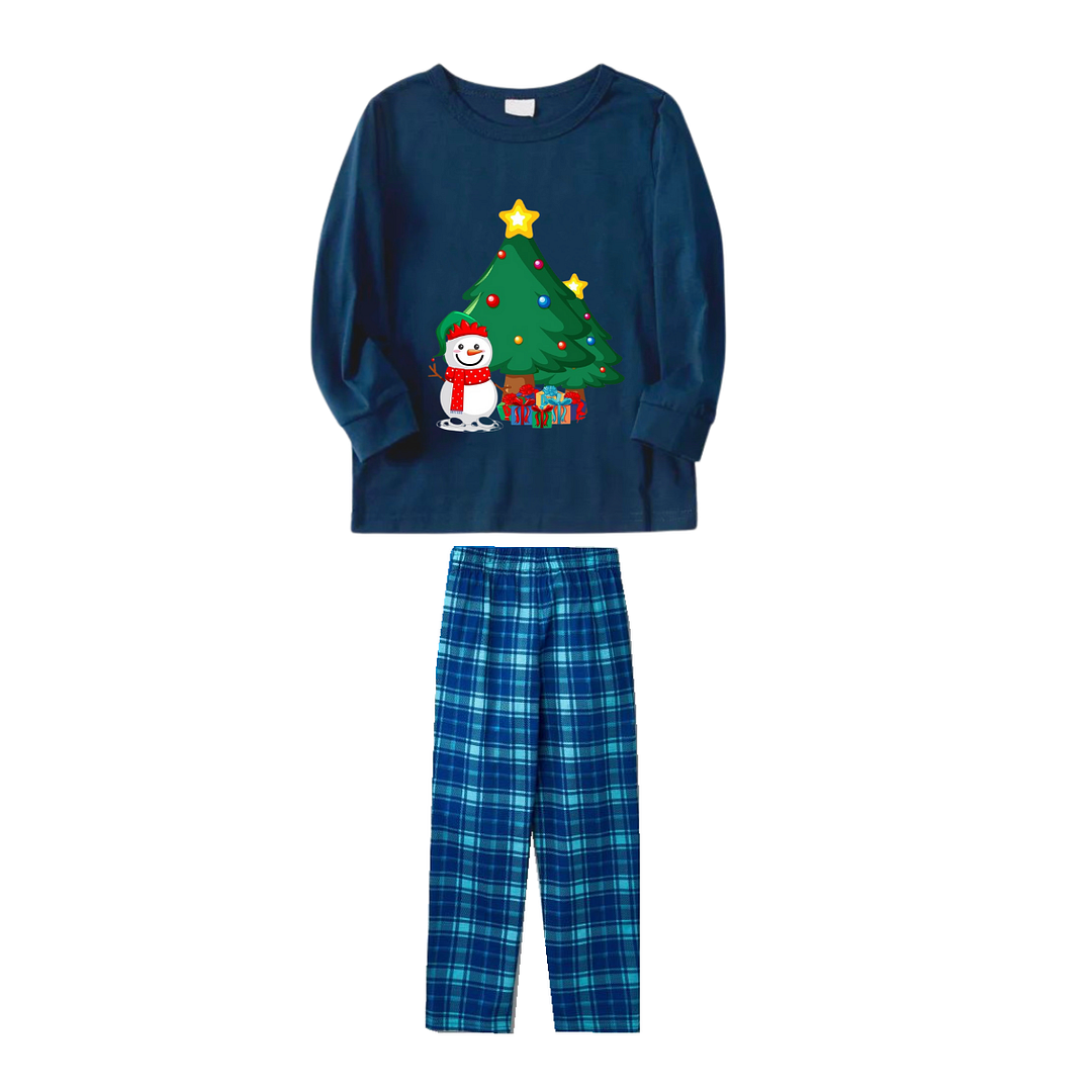 Christmas Tree And Smiling Snowman with Gift Pattern Blue Long Sleeve Top with Blue And White Plaid Pants Family Matching Pajamas
