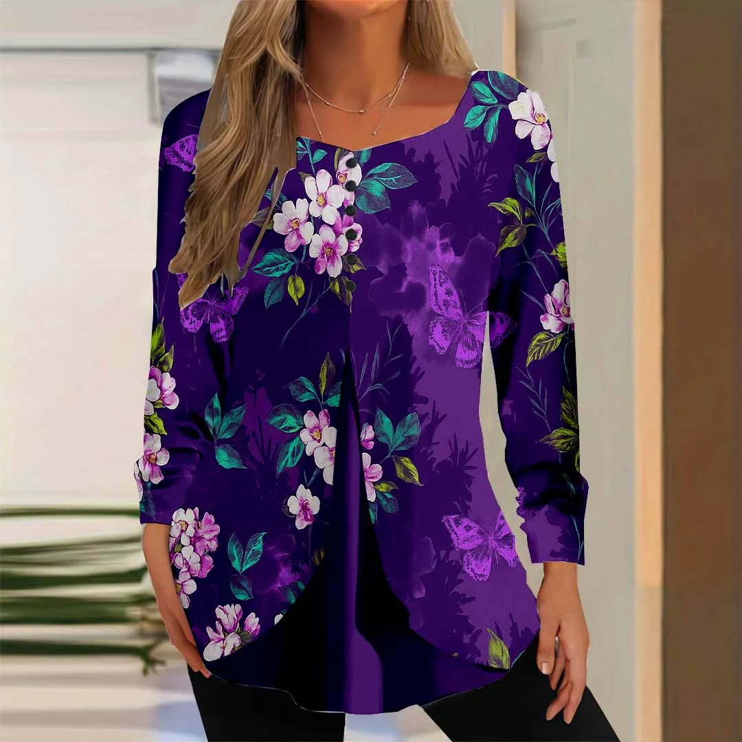 Women Floral,Purple DZGG8355 Long Sleeve Scoop Neck Printed Graphic Button Fake 2in1 Tops