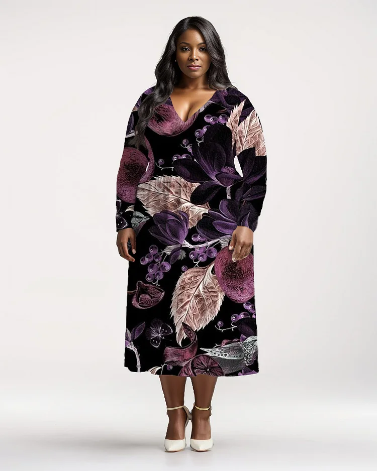 Plus Size Women's Noble And Elegant Long Sleeve V Neck Dress