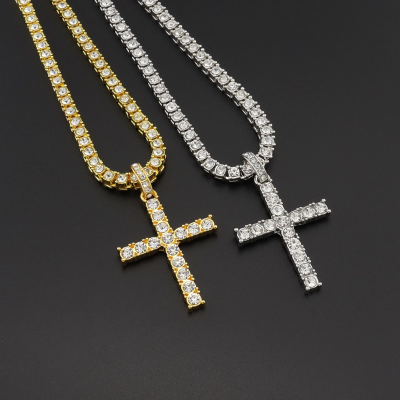 Ornament Simple Style Full Diamond Single Row Diamond Tennis Chain Men's And Women's Big Cross Pendant Necklace
