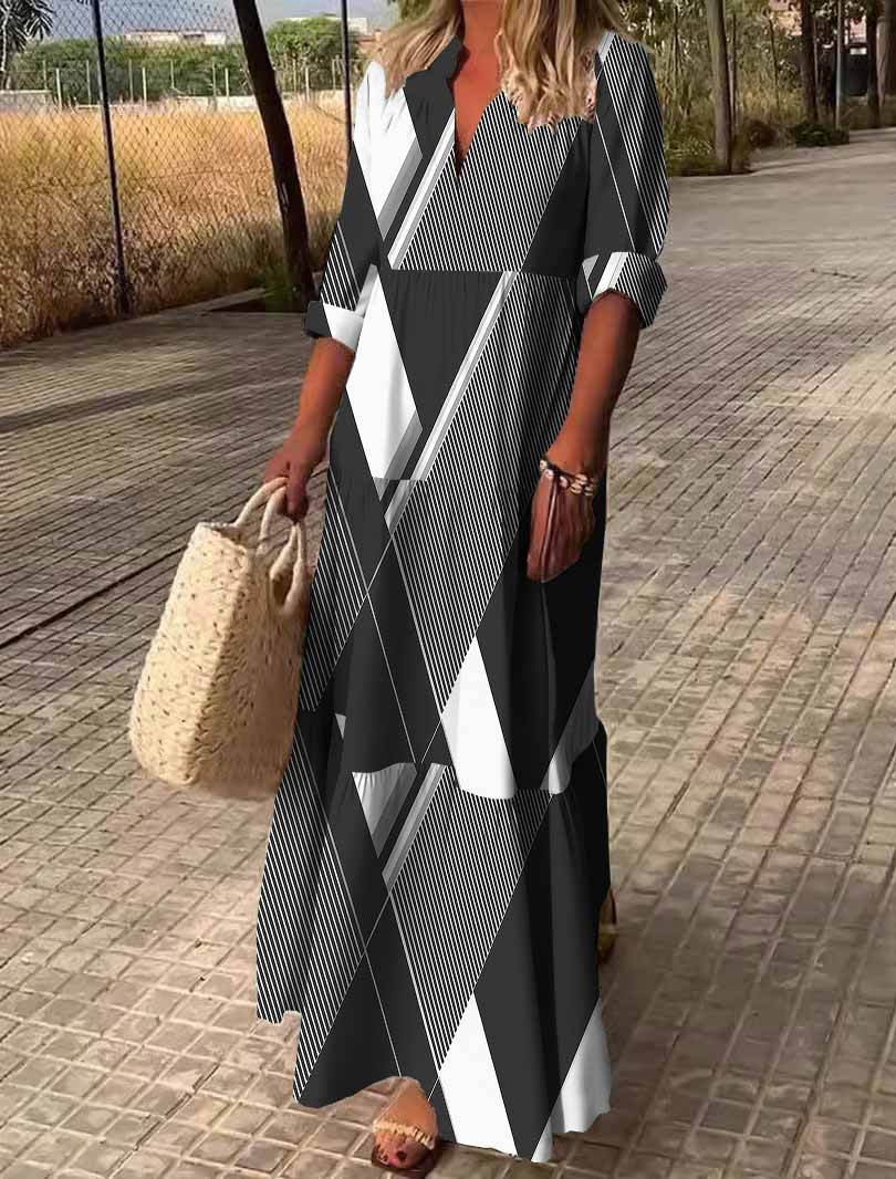 Women Geometric, Black, White DZDN0651 SPU Printed Long Sleeve V-neck Maxi Dress