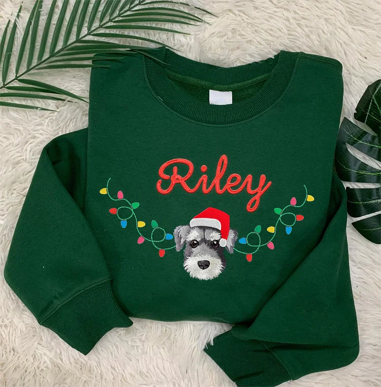 Christmas Lights Custom Pet Face And Name Embroidered Sweatshirt Hoodie T-shirt