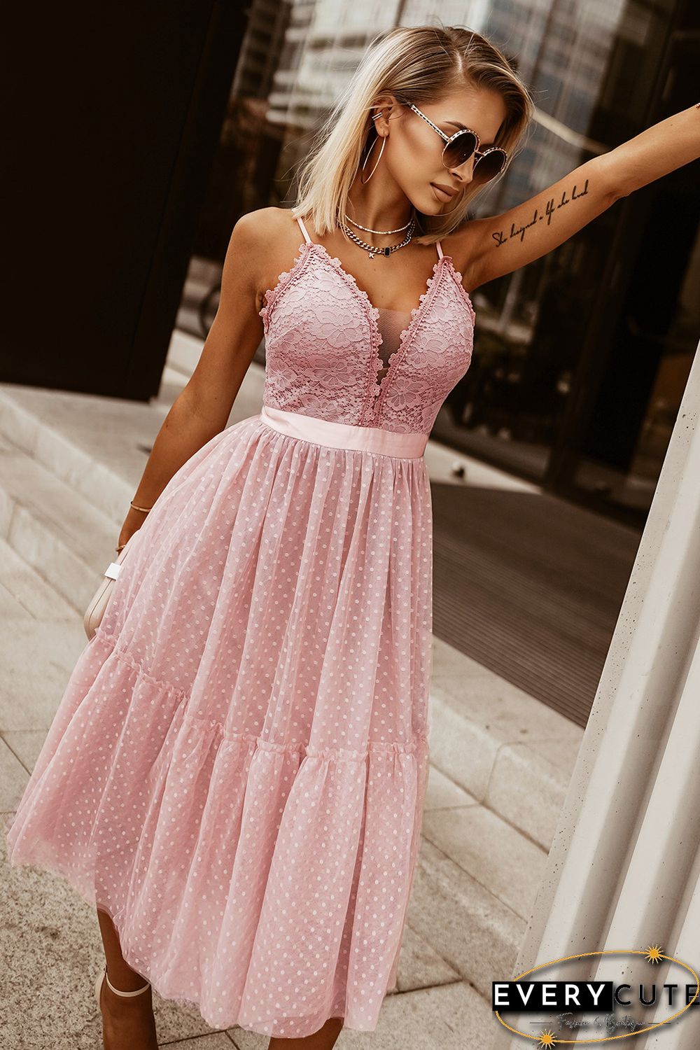 Pink Lace Crochet Polka Dot Patchwork Pleated Cami Dress