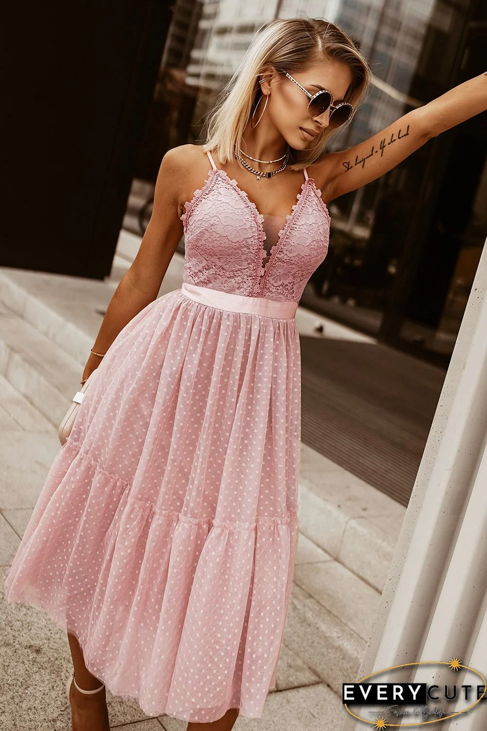 Pink Lace Crochet Polka Dot Patchwork Pleated Cami Dress