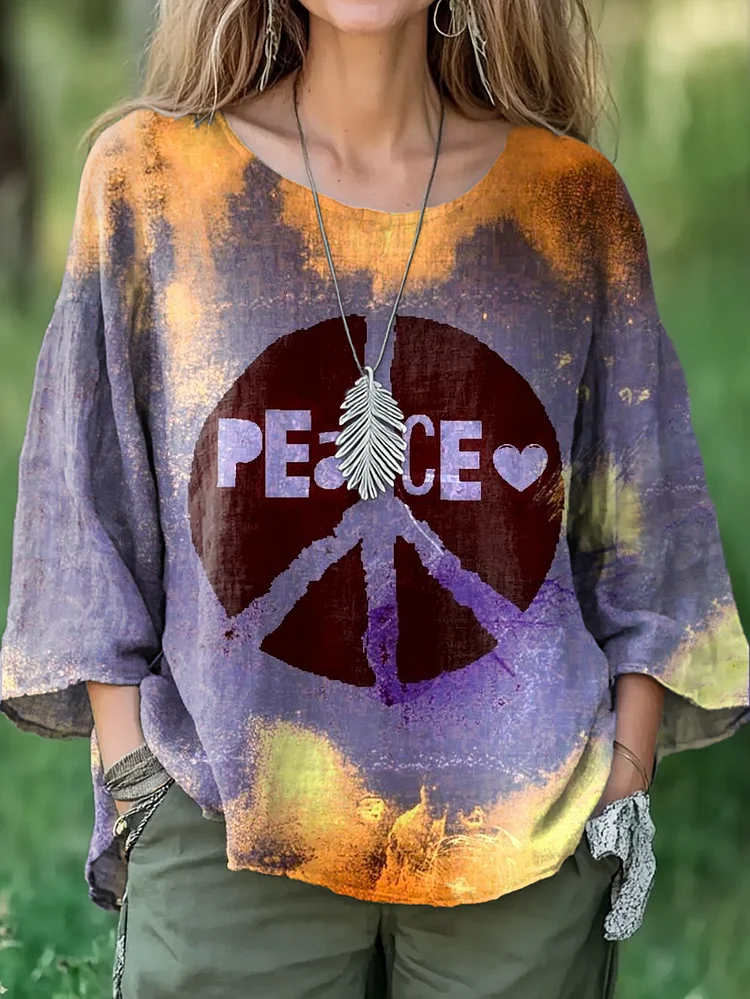 Women's Peace Love Hippie Pattern Art Print Casual Cotton and Linen Shirt