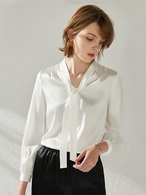 Temperament Ribbon White Silk Shirt-Real Silk Life