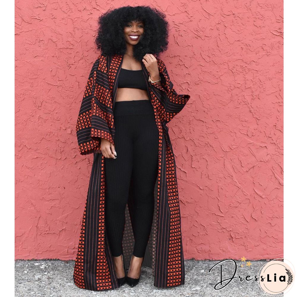 Printed Long Sleeve Open Front Long Cardigan Tops