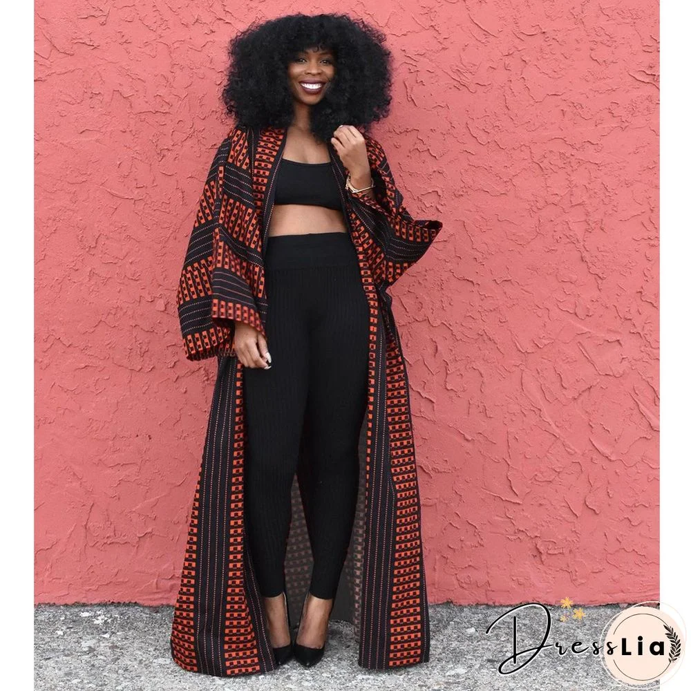 Printed Long Sleeve Open Front Long Cardigan Tops