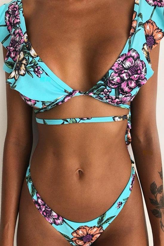 Multi Way Flowers Ruffle Neck Bikini Swimsuit - Two Piece Set-elleschic