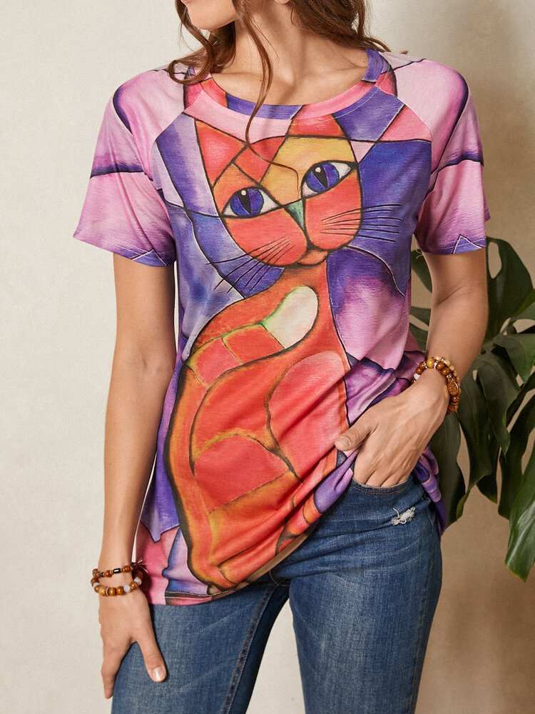 Abstract Cat Print O neck Short Sleeve Casual T Shirt For Women P1844764