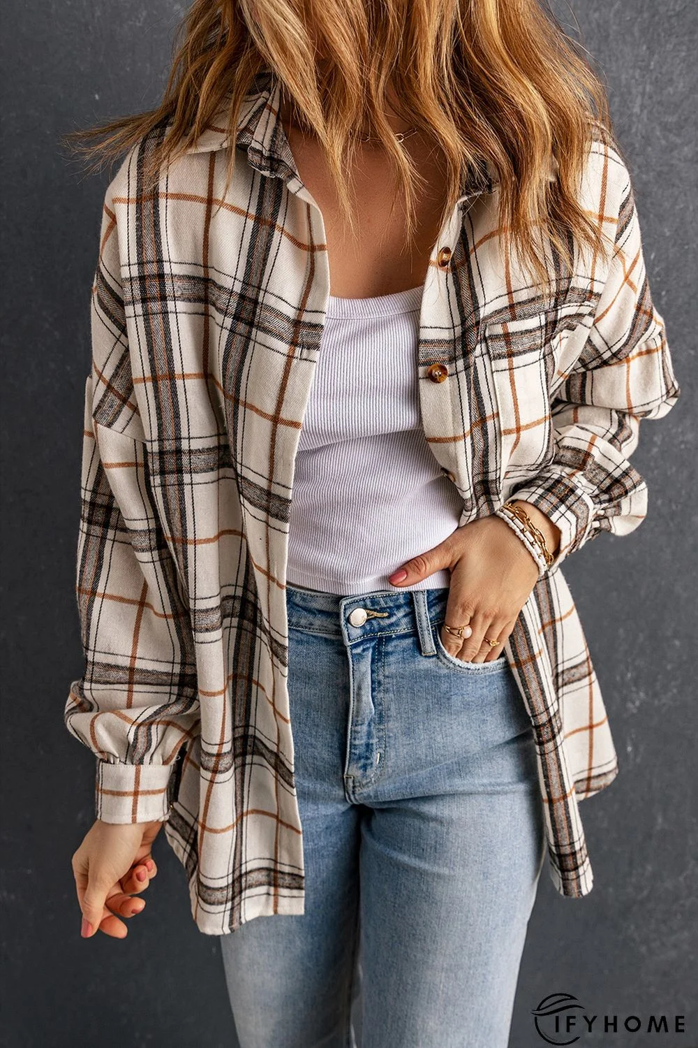 White Oversized Plaid Pattern Shacket with Slits | IFYHOME