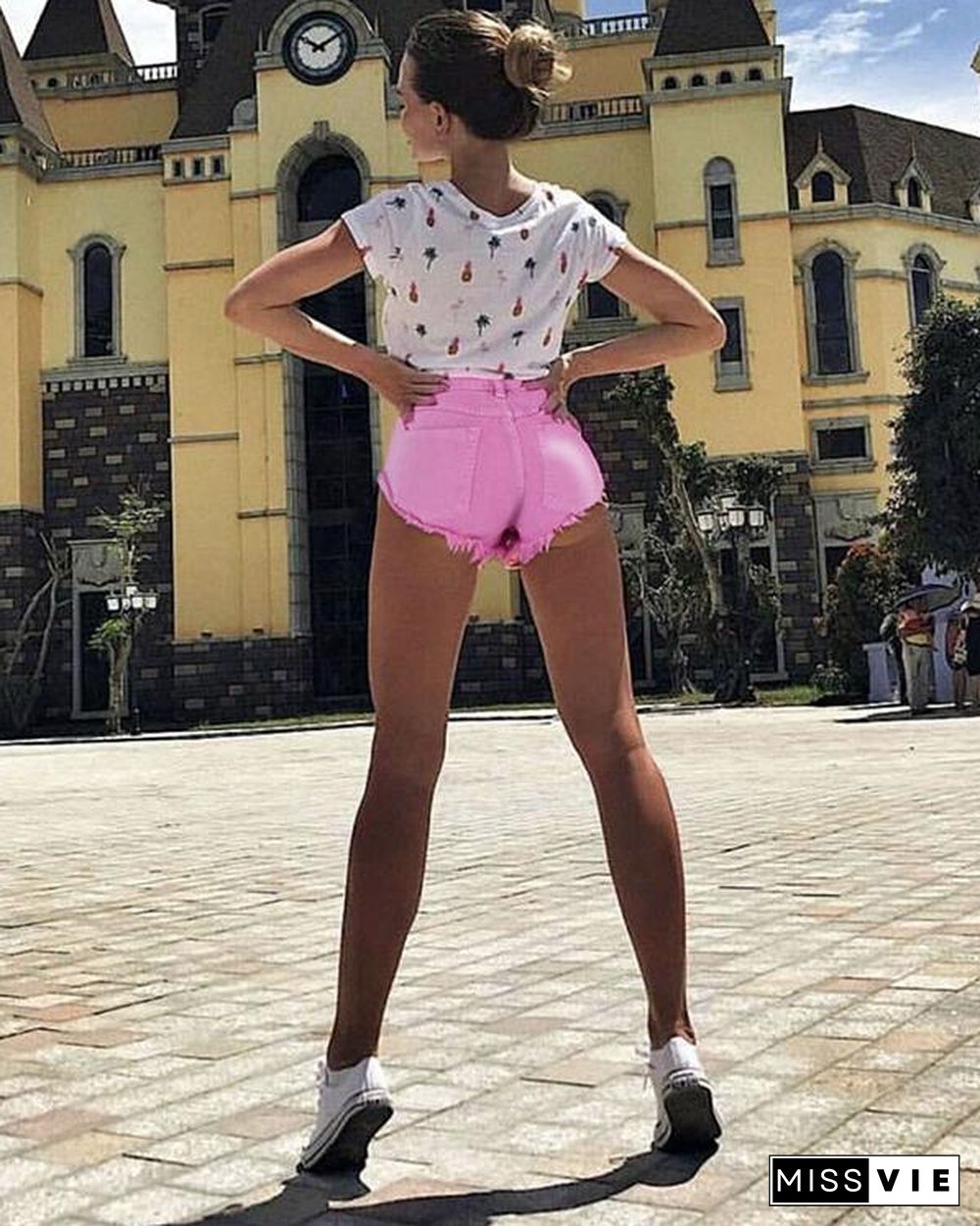 Macaron Pink Low&nbsp;Waist Crimping Jeans Shorts Pants