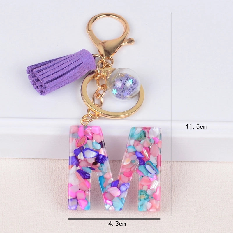 Fashion Style 26 English Letters Keychain Crystal Epoxy Color Stone Letter Tassel Pendant Bag