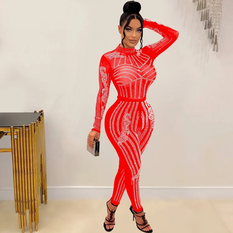 Rhinestone Perspective Sexy Mesh Long Sleeve Bodycon Party Jumpsuits