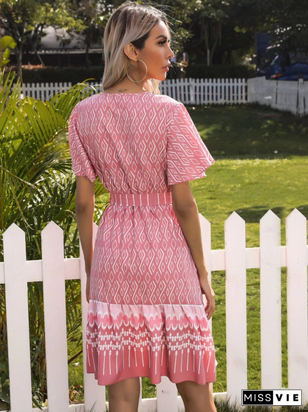 Tribal Print Flutter Sleeve Tie Side Warp Dress