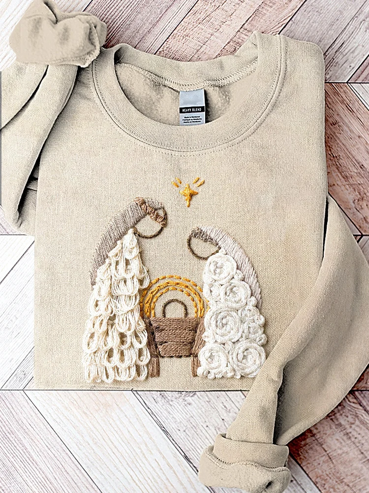 Christmas Nativity Embroidery Art Casual Cozy Sweatshirt