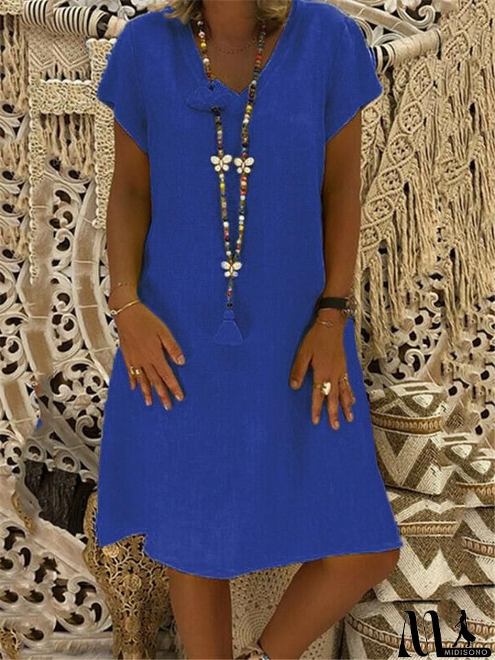 MidiSono - Women's Cozy Short Sleeve Midi Length Shift Dress
