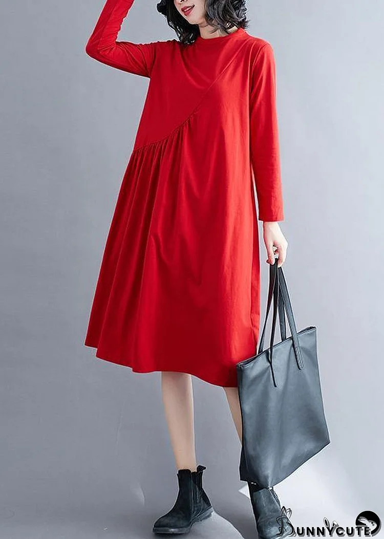 100% Red Wardrobes O Neck Wrinkled Kaftan Spring Dresses