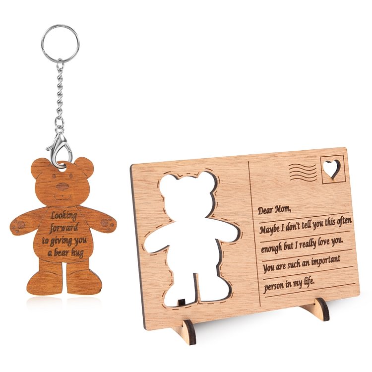 Tarjetero osito de madera y llavero personalizado con 1 nombre y 1 texto