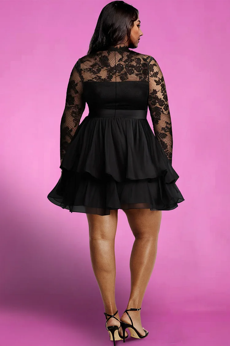 Xpluswear Design Plus Size Cocktail Party Black Round Neck Long Sleeve See Through Ruffle Chiffon Lace Mini Dresses [Pre-Order]
