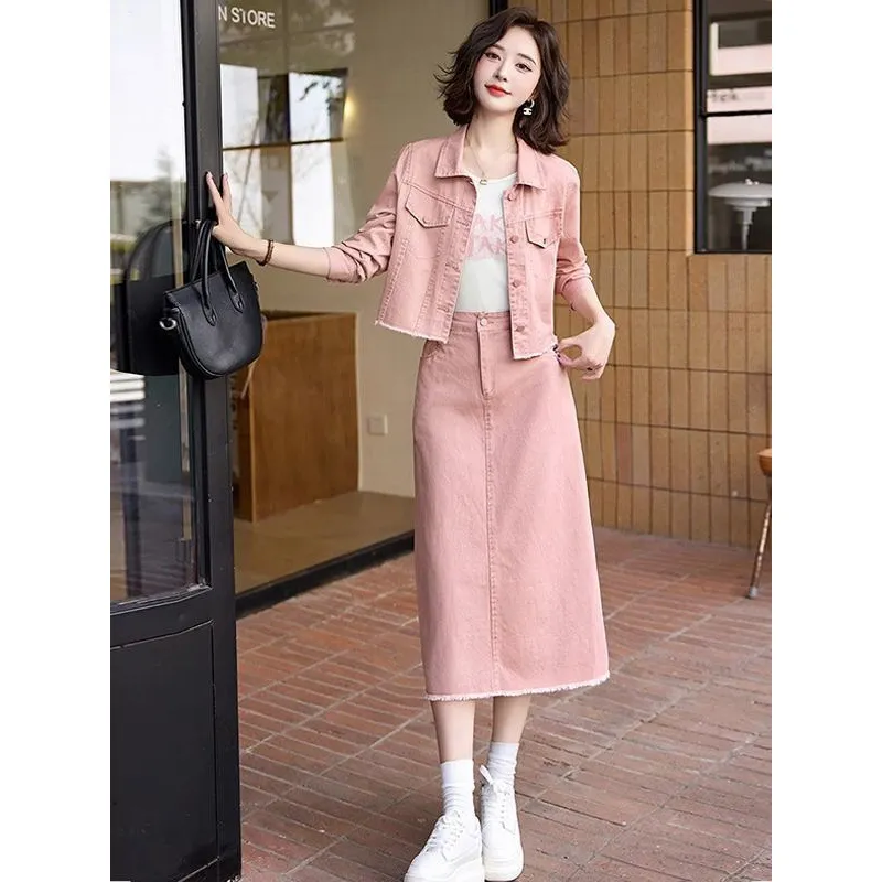 Uveng Uveng Denim Suit Autumn Coat New 2024 Korean Version Of Fashion Foreign Style Age Reduction Skirt Three-Piece Set