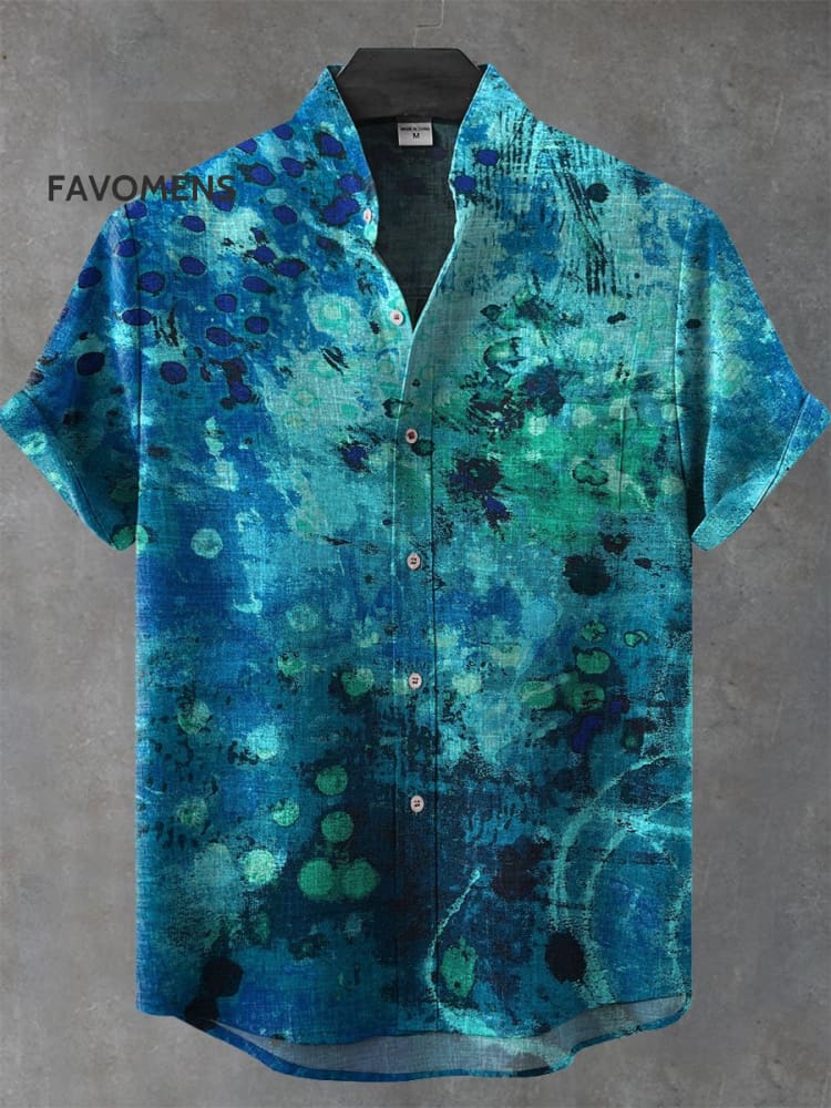 Turquoise Inkjet Art Print Casual 100% Cotton Shirt Multicolor / S