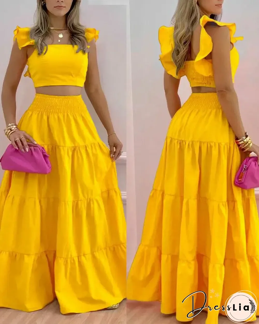 Shirred Crop Top & Floral Print Skirt Set