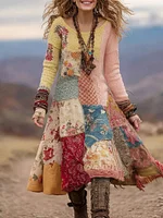 Women's Bohemian Floral Knitted Crew Neck Dress