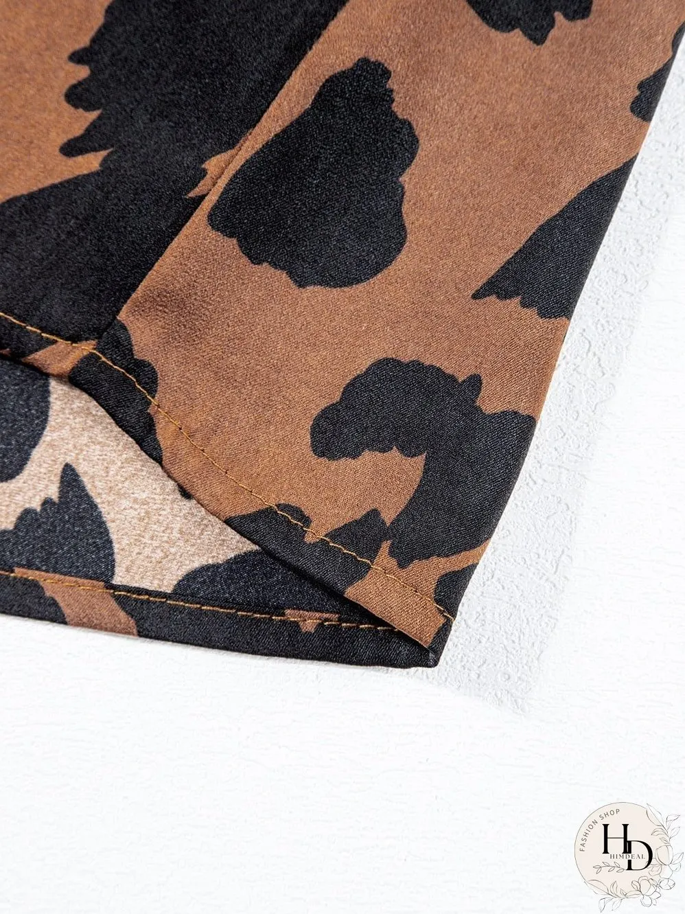 Leopard Print Split Neck Ruffle Sleeve Brown Blouse