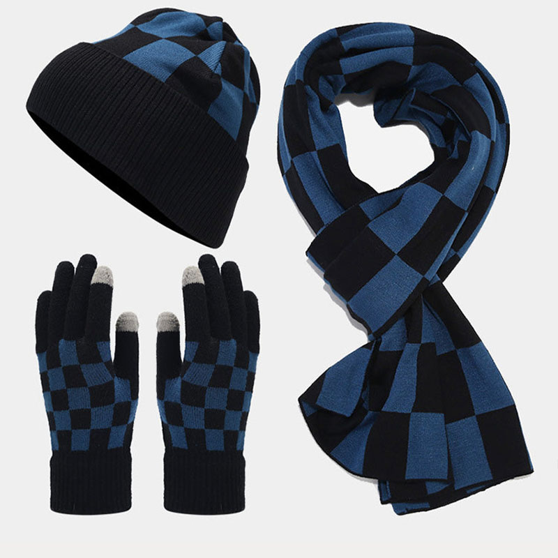 Men&rsquo;s Cozy Checked Beanie, Scarf & Gloves 3-Piece Winter Set