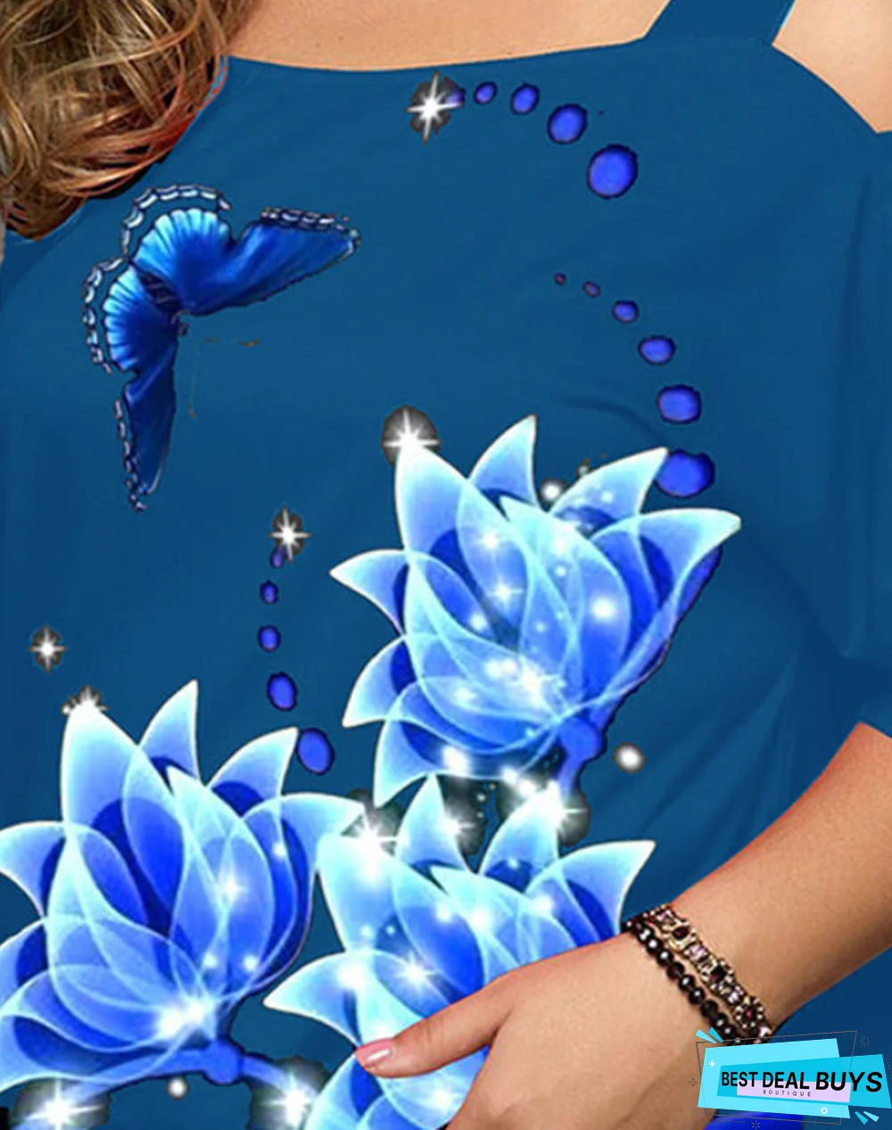 Print Floral Cold Shoulder 3/4 Sleeves Casual Plus Size Blouses