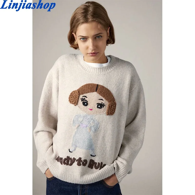 Za 2020 New Winter Women Sweater with O-neck Cute Cartoon Girl Print Long Sleeve Knitted Pullover Femme Casual Loose Thick Top