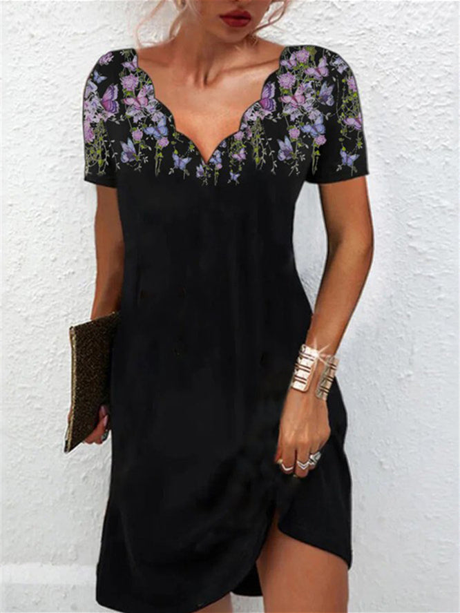 Women Short Sleeve V-neck Floral Printed Midi Dress