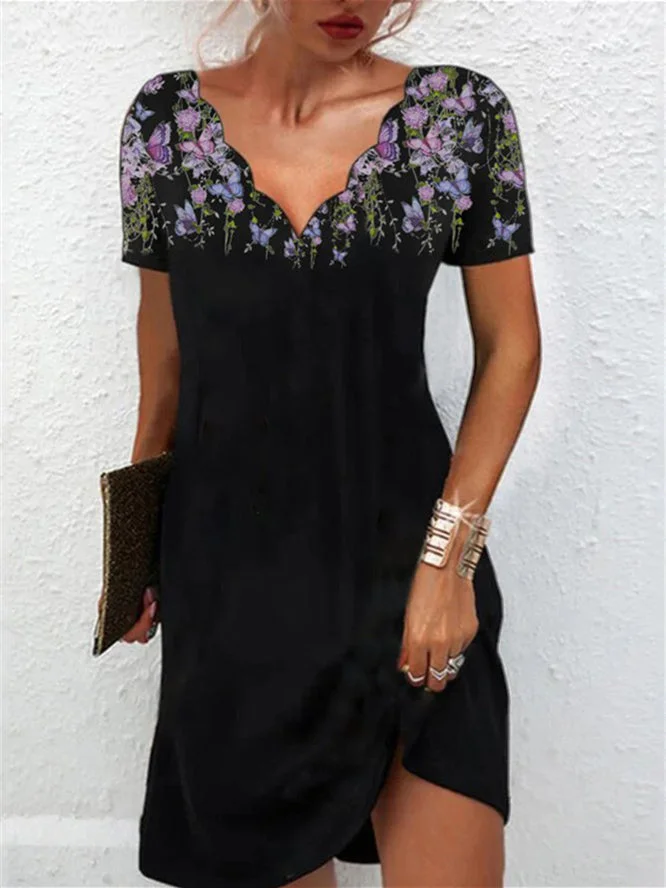Women Short Sleeve V-neck Floral Printed Midi Dress
