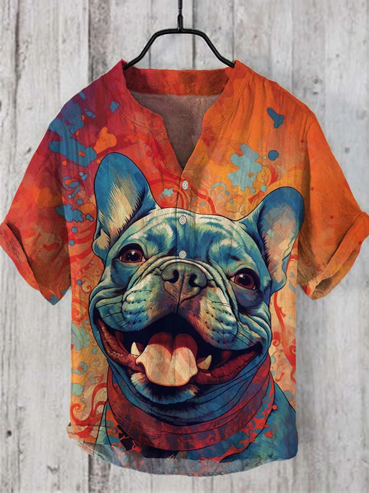 Bulldog Art Print Linen V-Neck Shirt