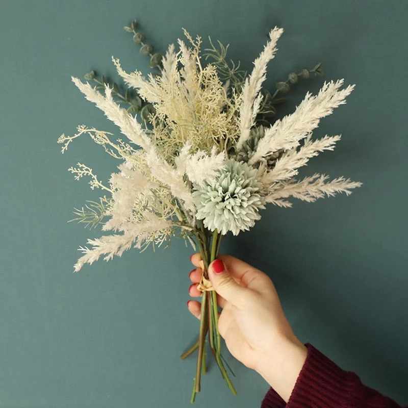 Christmas Gift NEW White Artificial Flowers High Quality Silk Dandelion Plastic Eucalyptus Hybrid Bouquet Wedding Home Decoration Fake Flower