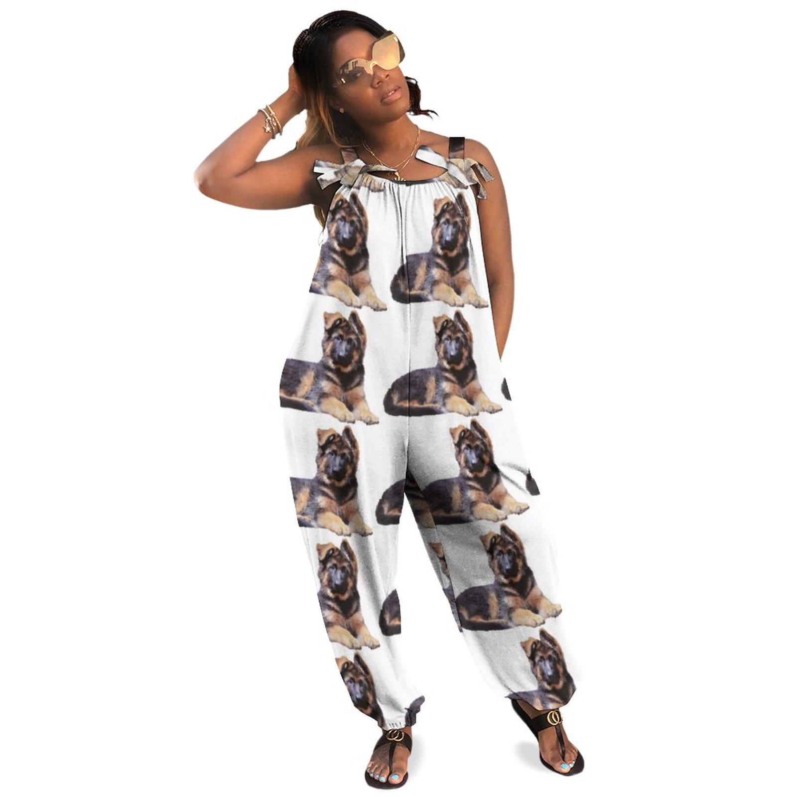 Adorable Long Haired German Shepherd Puppy Boho Vintage Loose Overall Corset Jumpsuit Without Top