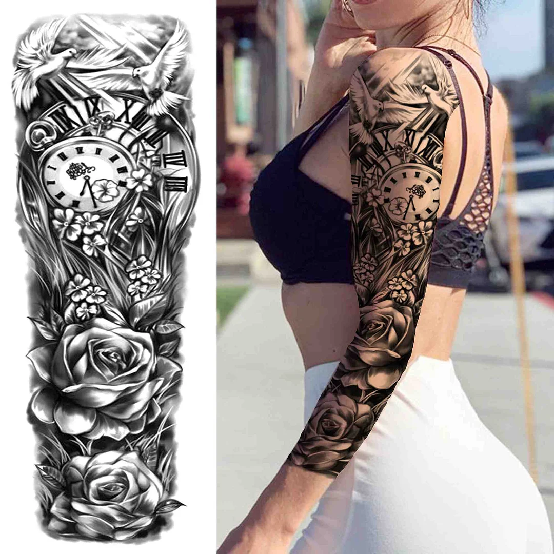 Sexy Girl Flower Temporary Tattoos For Women Men Black Lion Triangle Tattoo Sticker Fake Tribal Full Arm Sleeve Tatoos Paste 923