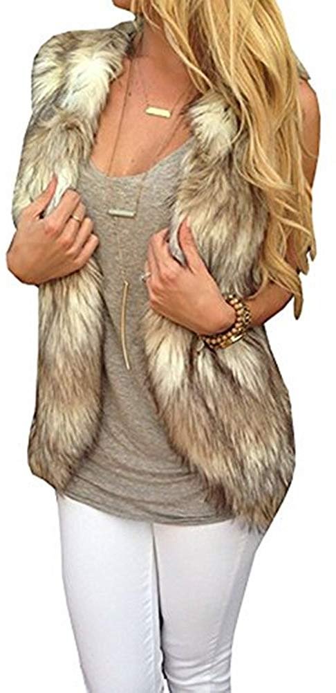 Fashion Women Sleeveless Front Open Warm Faux Fur Vests Coat Outwear