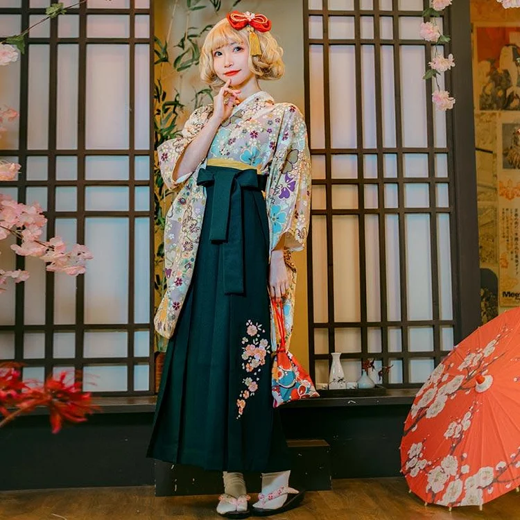 9 Pieces Vintage Japanese Flower Print Kimono Dress Set - Modakawa Modakawa
