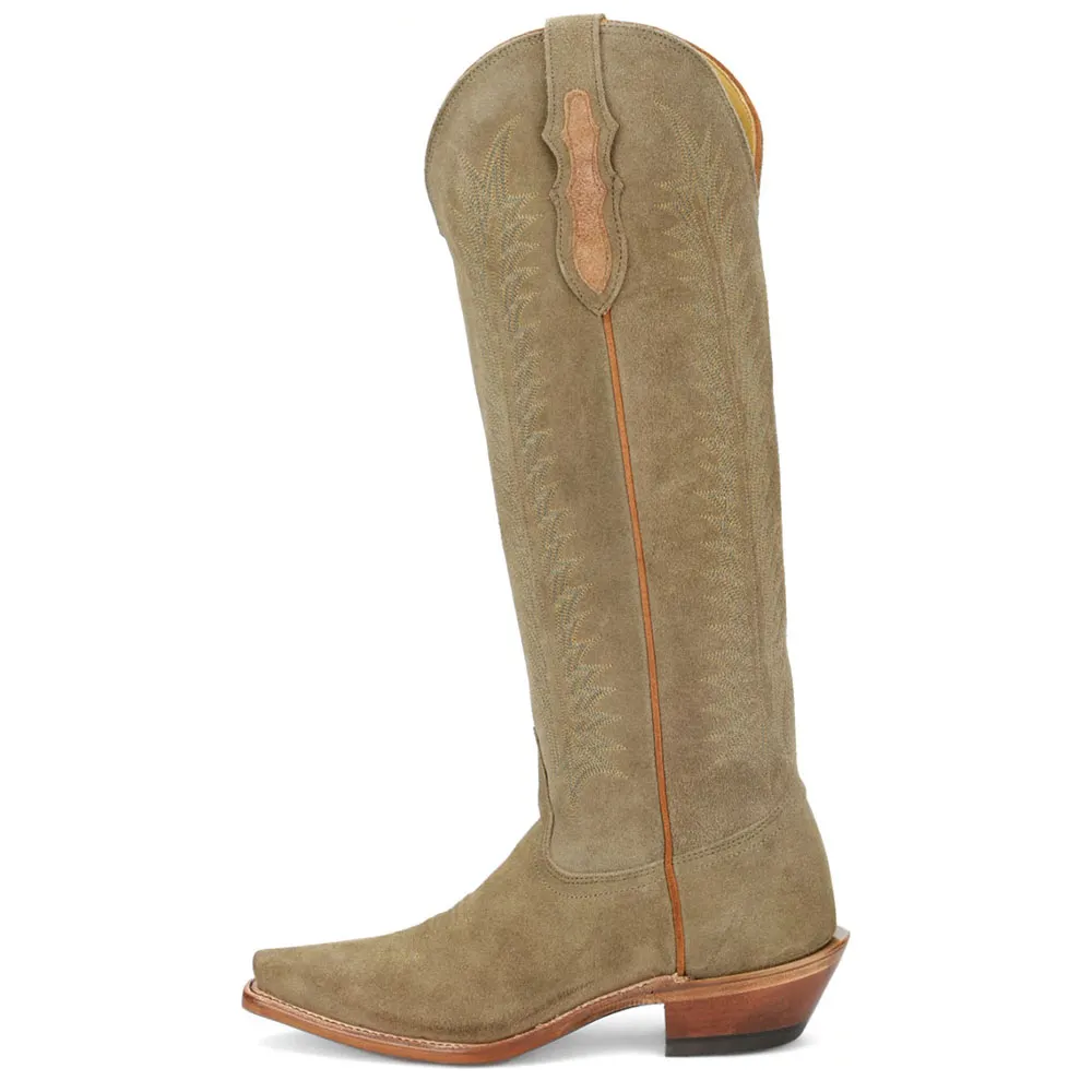 Khaki Chunky Heel Embroidered Knee High Cowboy Boots for Women