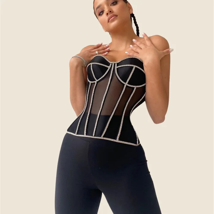 Rhinestone Silk & Mesh Bustier Black