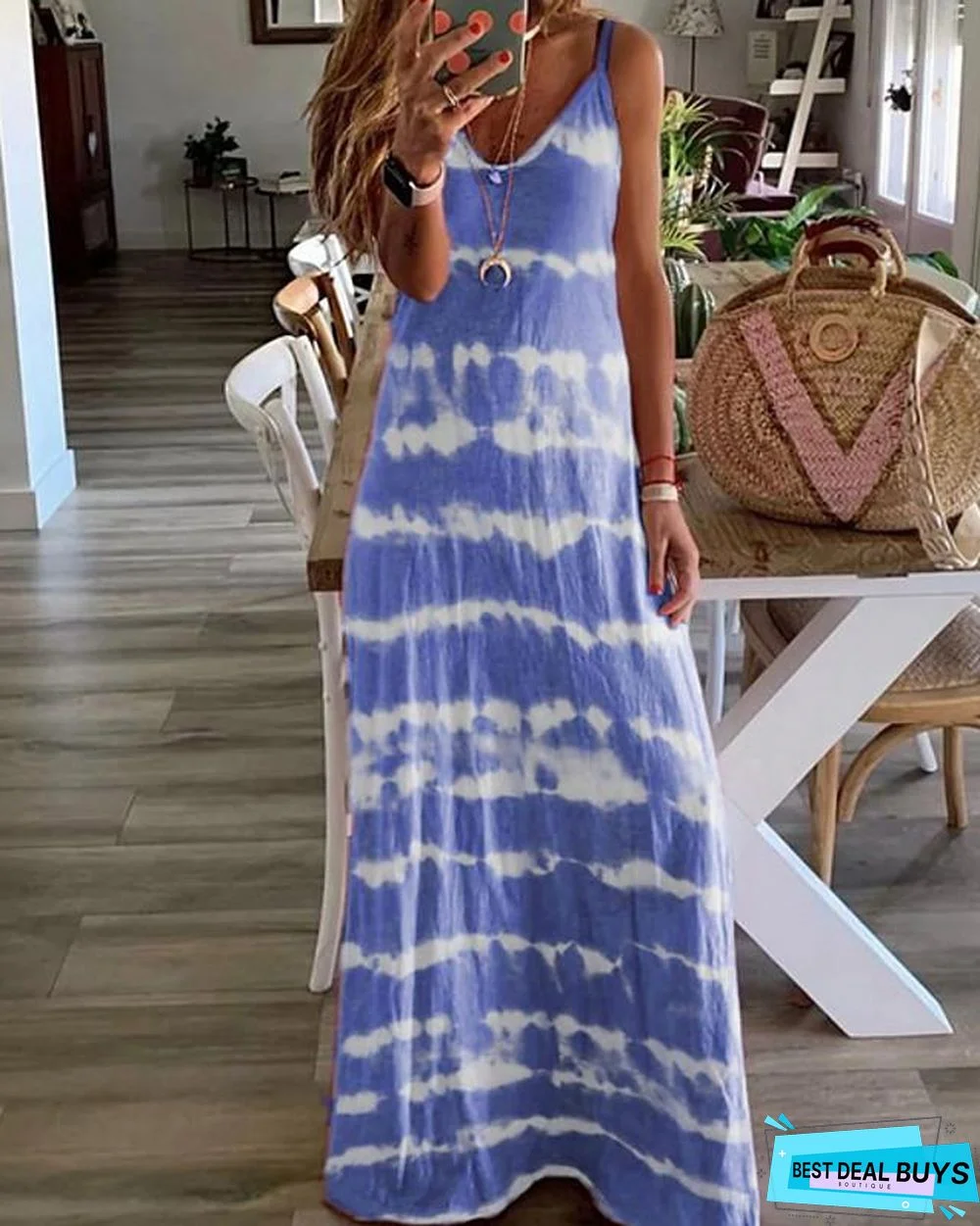 Women's Strap Dress Maxi Long Dress - Sleeveless Tie Dye Summer Hot Casual Beach Blue Purple Blushing Pink Wine Khaki Gray Light Blue