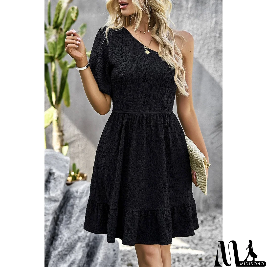 MidiSono - One Shoulder Solid Ruched Fit Hem Ruffle Dress