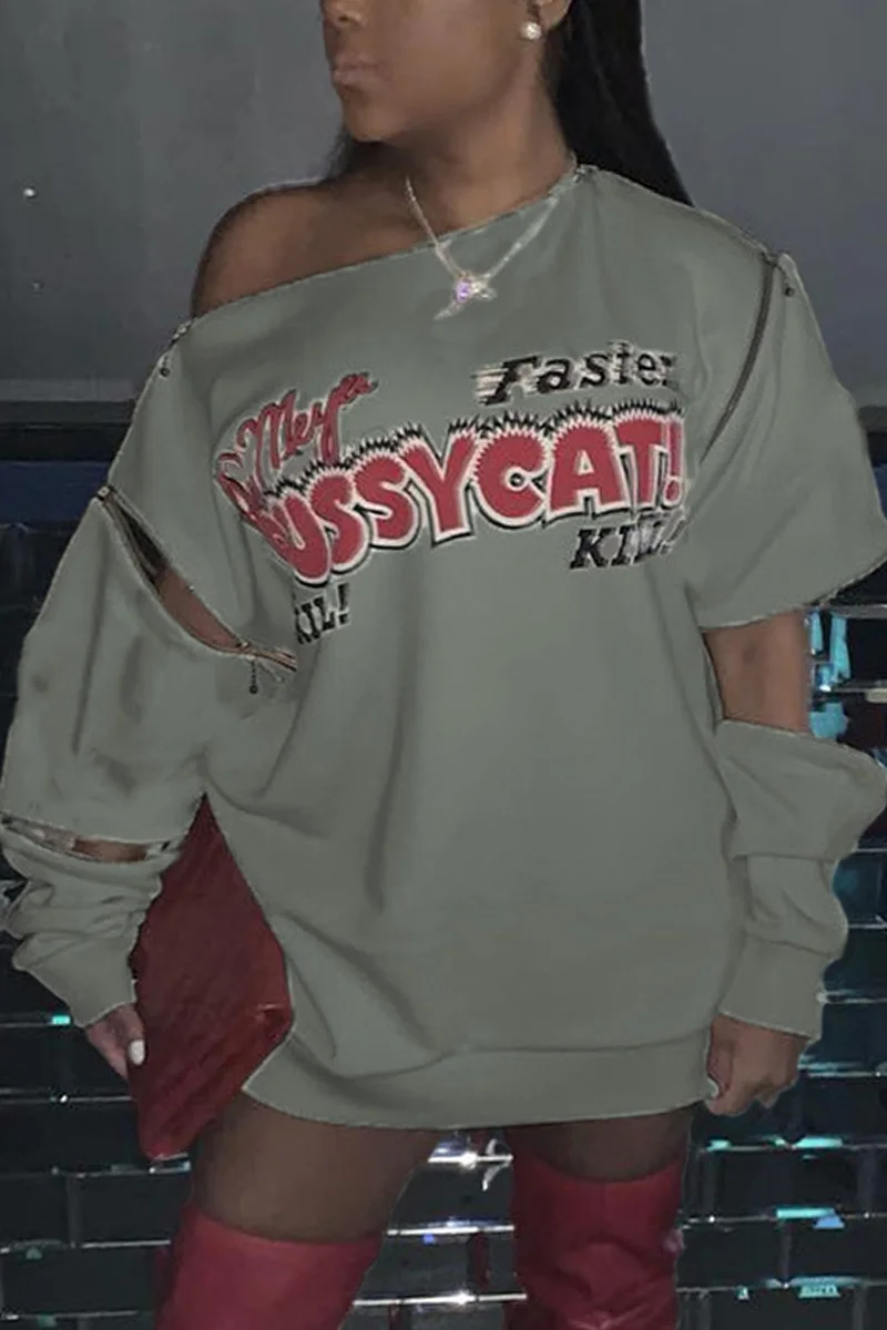 Grey Fashion Casual Street Letter Print Pierced Hollowed Out Metal Accessories Decoration Basic Zipper Collar Long Sleeve Mini Straight Dresses | EGEMISS