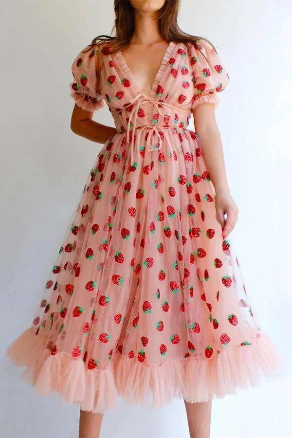 Womens Strawberry Mesh Puff Sleeve Sequin Dress-Allyzone-Allyzone